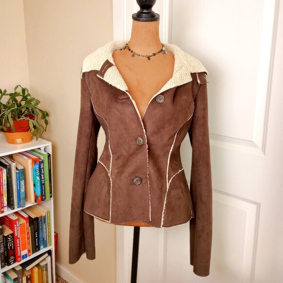 Vintage 2000s Old Navy Y2K Brown Faux Suede Shearling Lined Fitted Brown Jacket - Picture 1 of 8